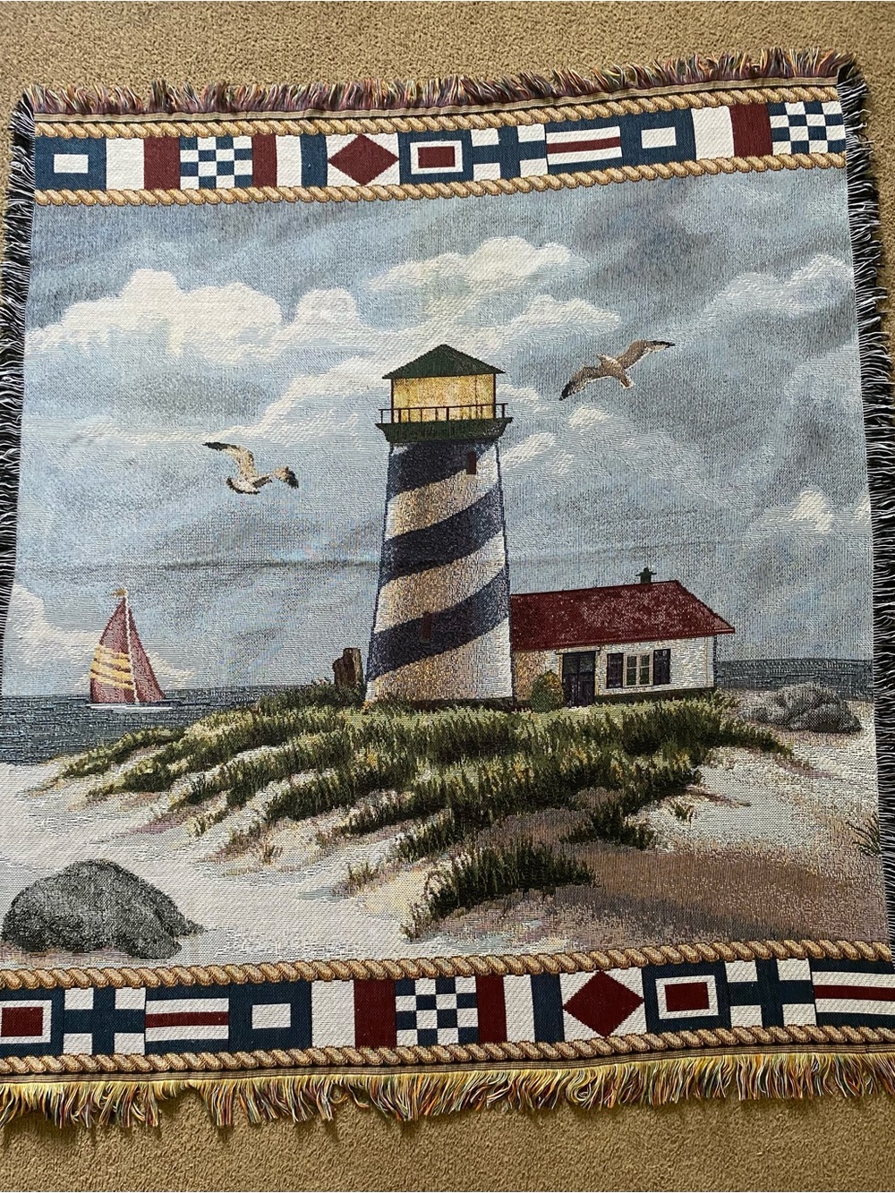Vintage Mohawk Home Lighthouse Beach Nautical Fringe Throw Tapestry Decor 60x52